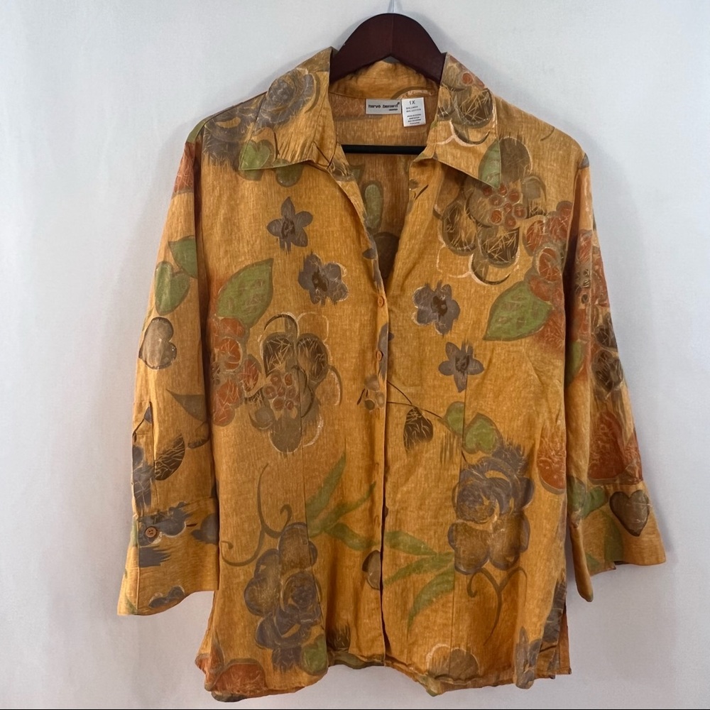 Harve Benard Top Size 1X  Blouse Button Down Long Sleeve Floral Linen Blend